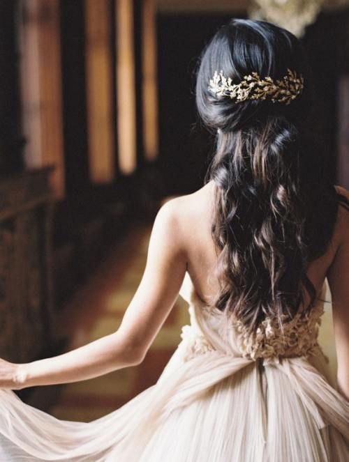 half up half down wedding hairstyle with gold leafs headpiece