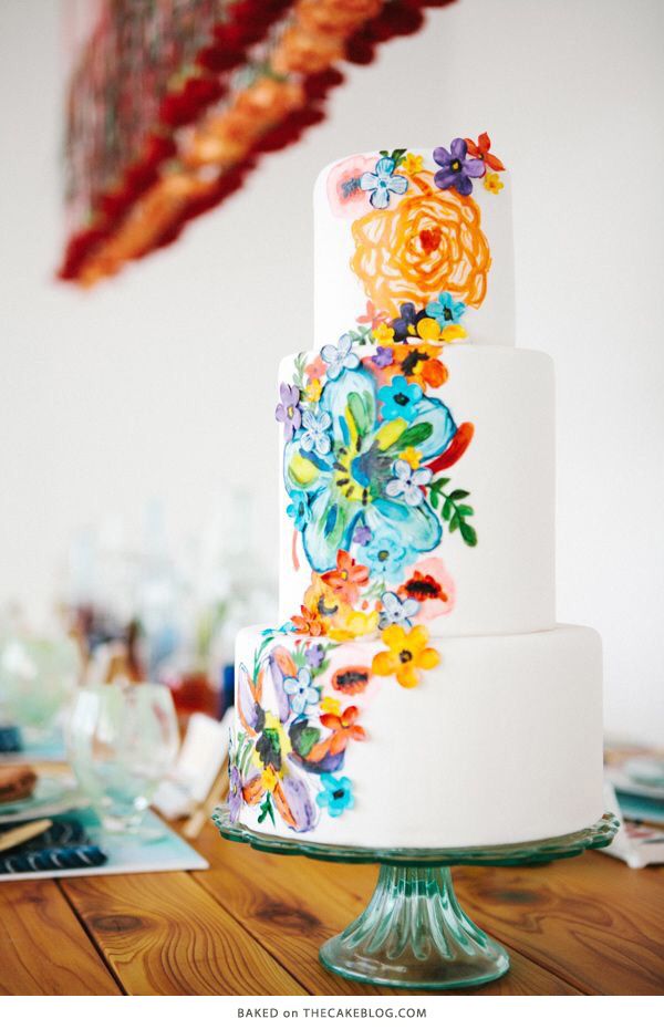 hand-painted florals structured patterns watercolor wedding cake