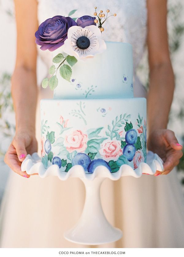 light blue watercolor floral printed spring wedding cake with sugar flowers