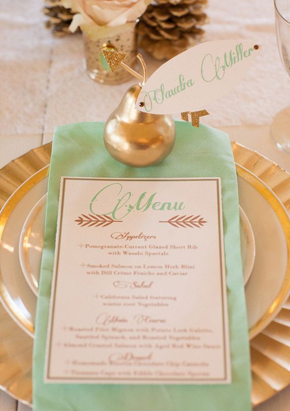 mint and gold menu and great place setting idea