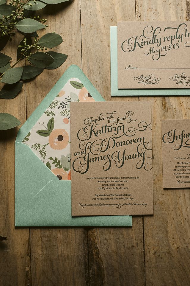 mint and peach rustic wedding invitations