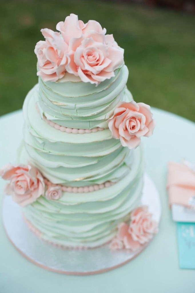 mint and peach wedding cake