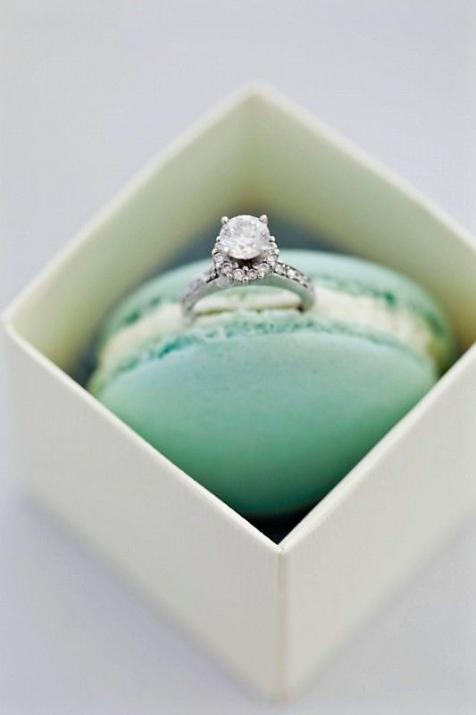 mint macaron and engagement ring
