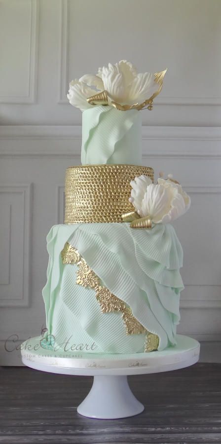 mint romance Soft mint ribbed layers wedding cake with gold accents and sequins