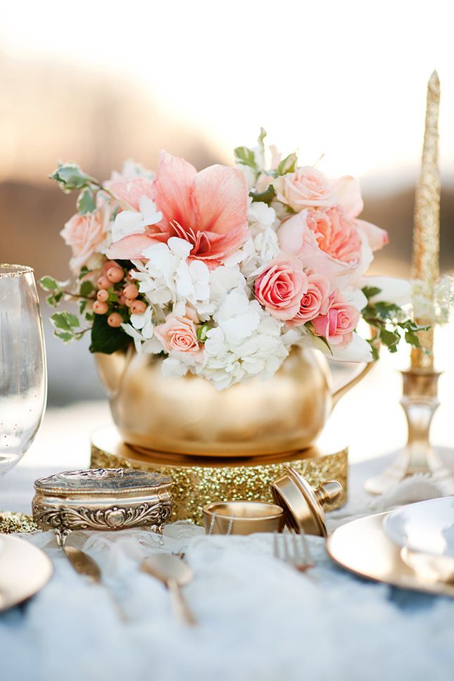 peach and gold teapot wedding center piece