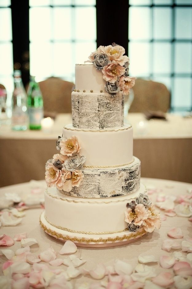 peach white and black literary wedding cake