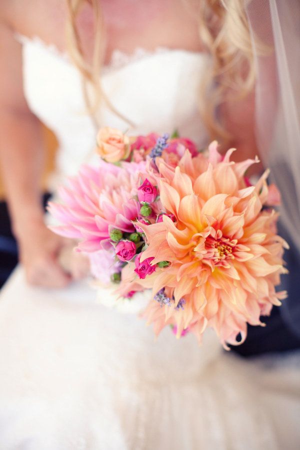 pink and coral dahlia wedding bouquet