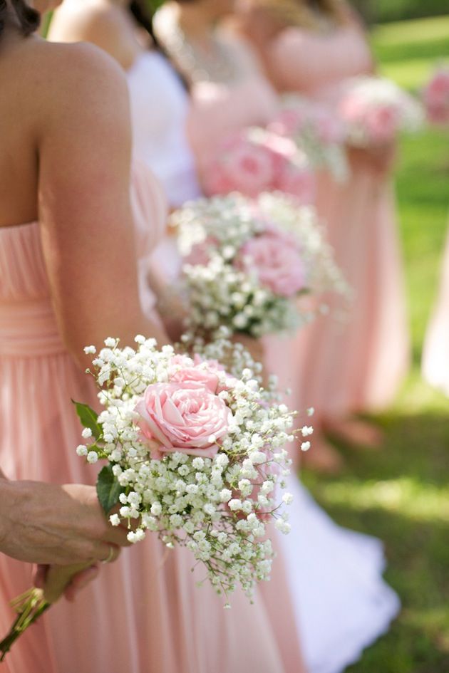 pink rose and baby's breath wedding bouquets