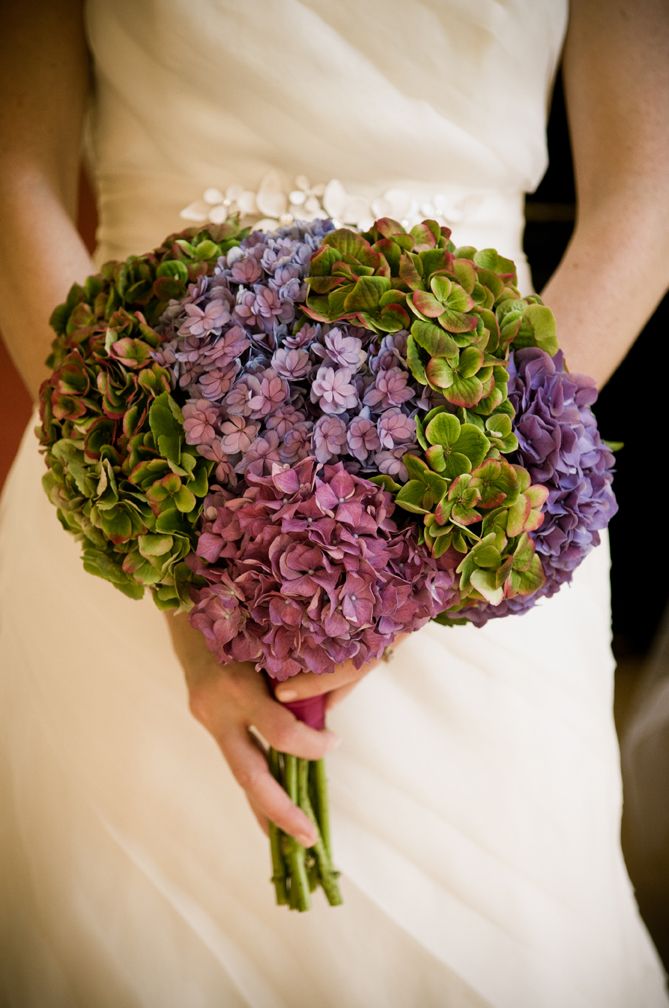 purple and green hydrangea wedding bouquets
