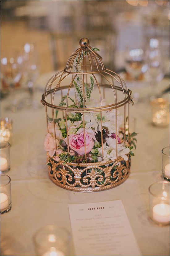 reception flowers gold birdcage centerpiece ideas