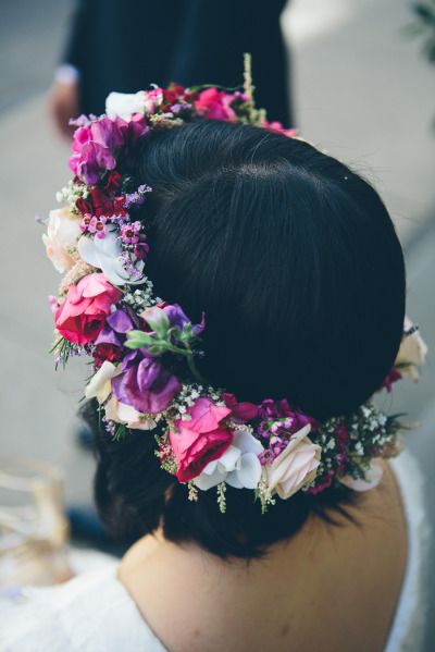 short wedding hairstyle with floral crown