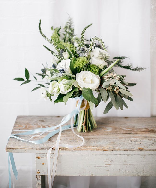 40 Romantic and Timeless Green Wedding Color Ideas 10 soft blue bouquet with veronica and thistle