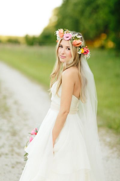 straight wedding hairstyle with flower crown
