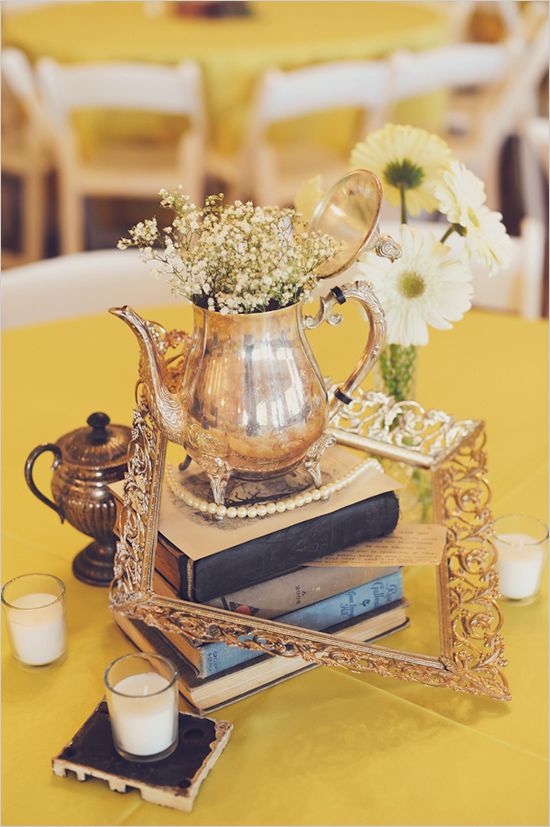 tea pot, books and frame vintage wedding decor ideas