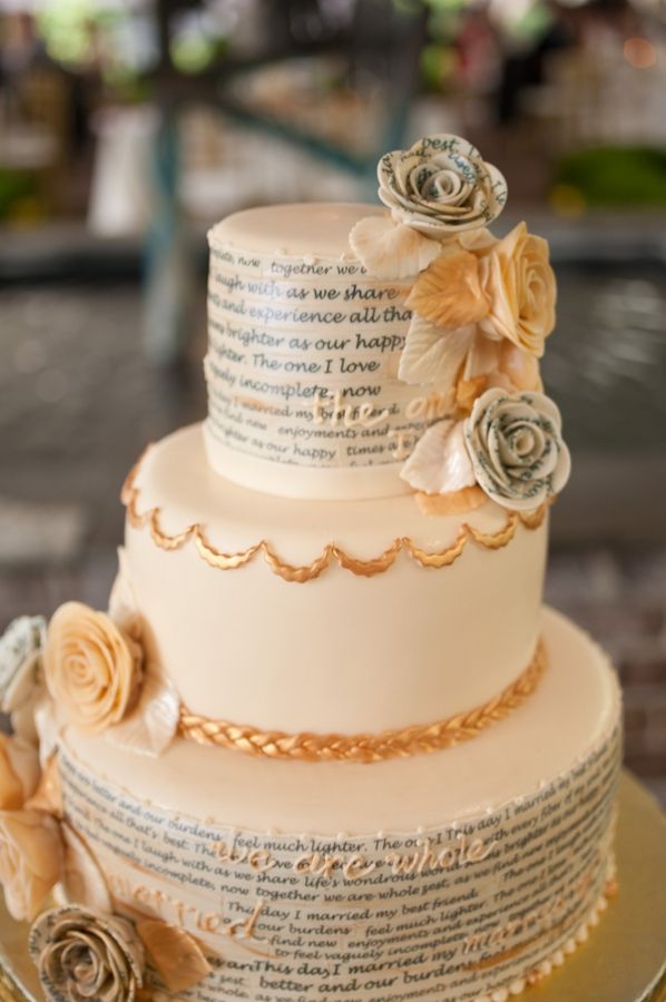 wedding cake with script from the newlyweds' favorite poem about marriage