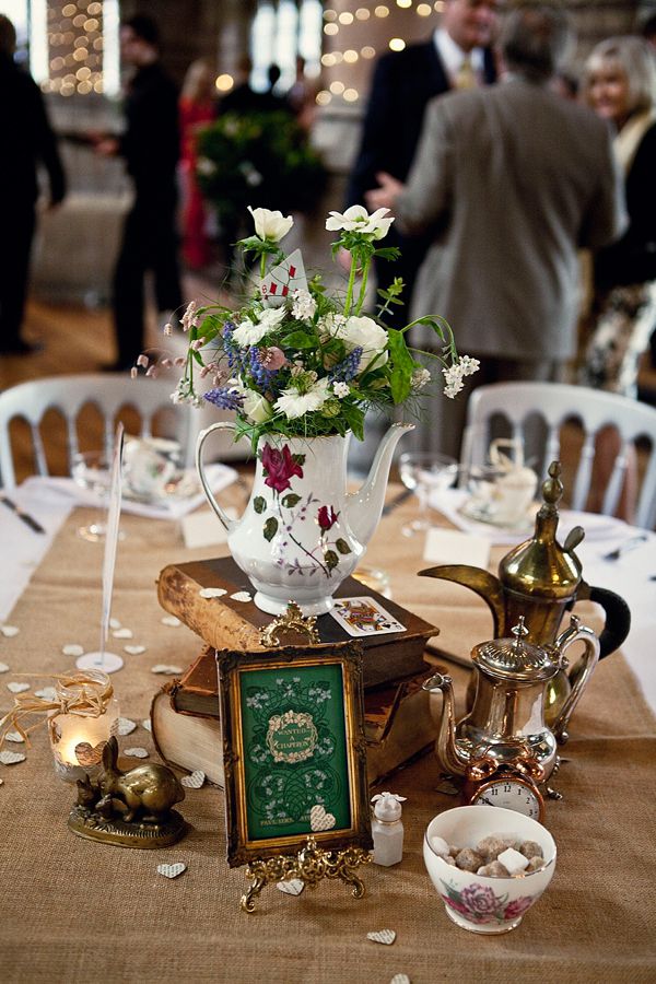 wedding flowers in vintage teapot centerpiece