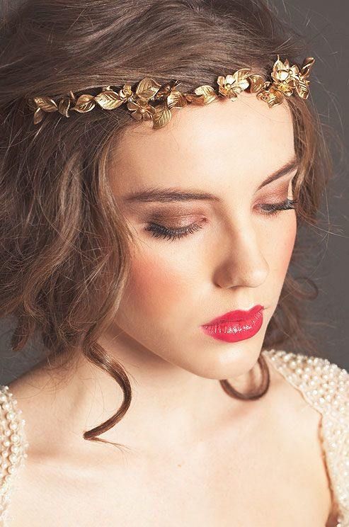 wedding hairstyle with gold flower hair crown