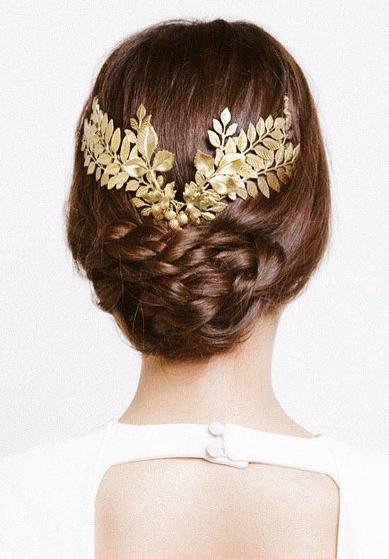 wedding updo hairstyle with gold leafs hair crown