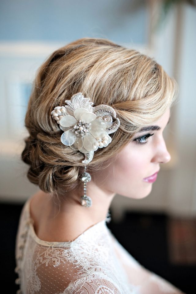 wedding updo hairstyle with vvintage pearl flower headpiece