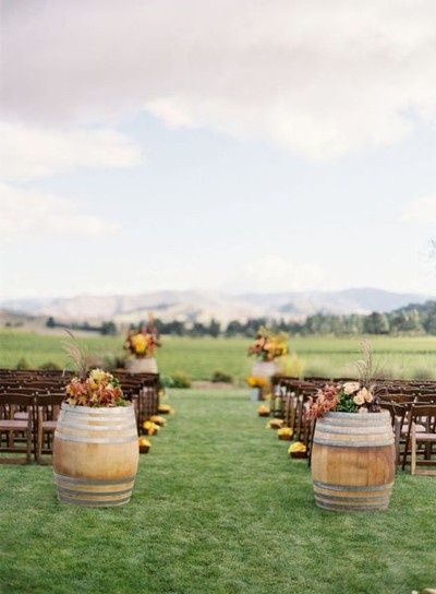 wheelbarrows used as ceremony decoration