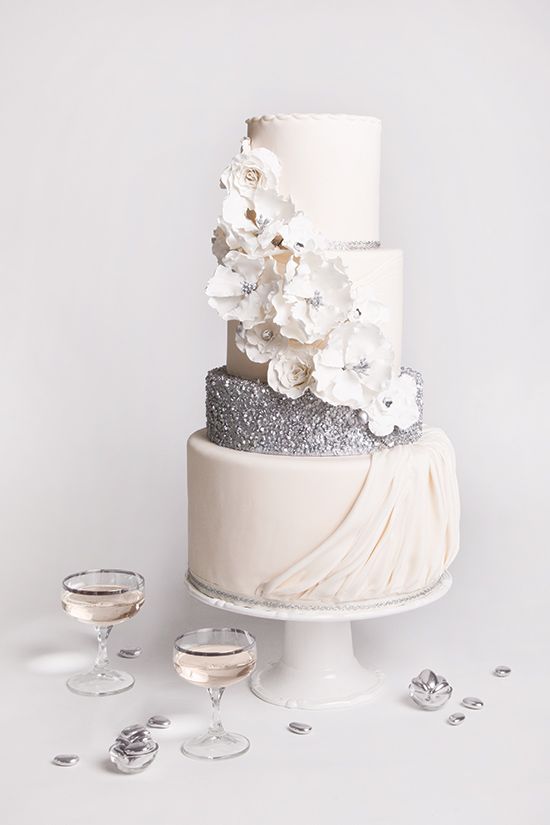 white and silver sequin wedding cake