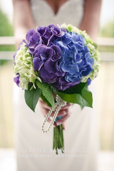 white blue purple hydrangea wedding bouquet