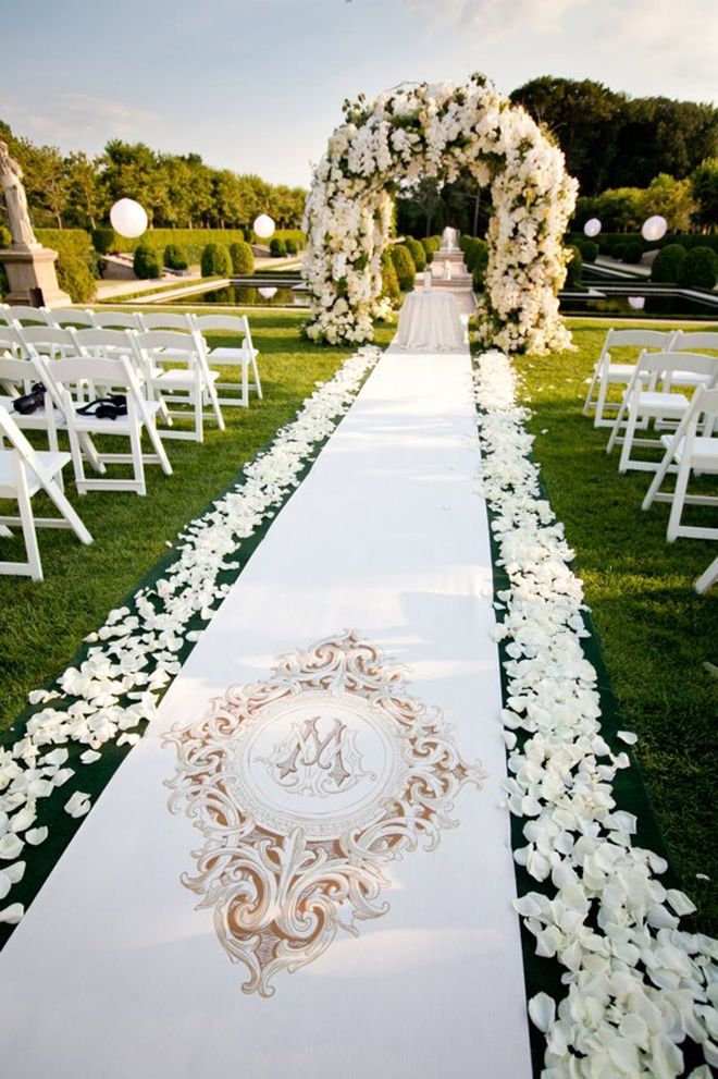 55+ White Wedding Ideas for Romantic Wedding 49 white monogrammed aisle runner