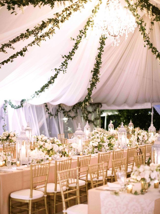 white tent and decor with greenery garlands