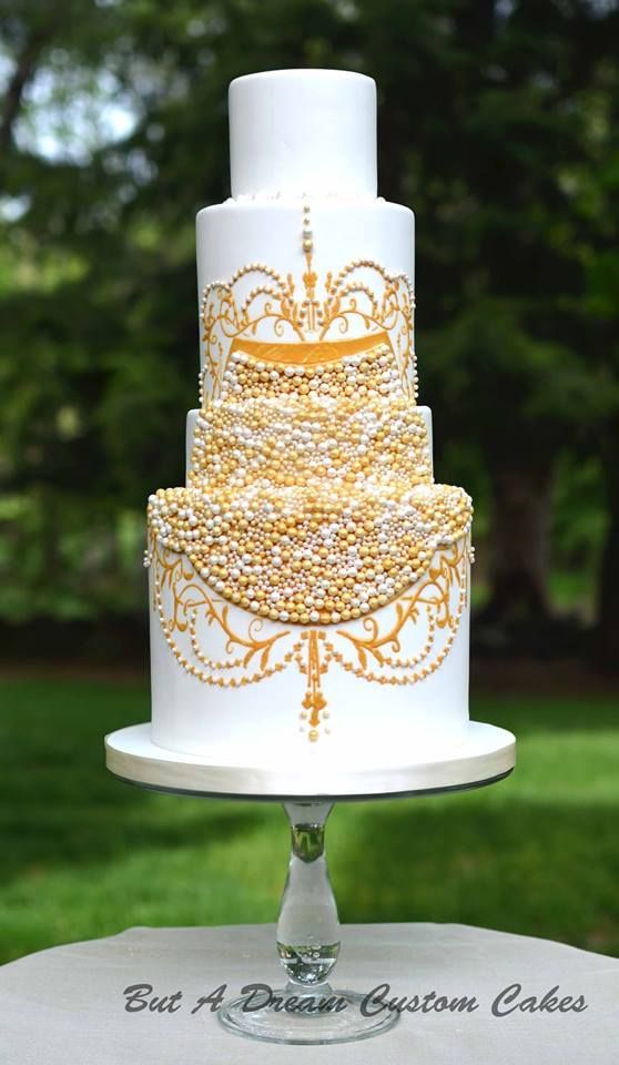 30 + Gold Wedding Cake Ideas that Sweeten Your Big Day 4 white wedding cake with sugar gold pearls