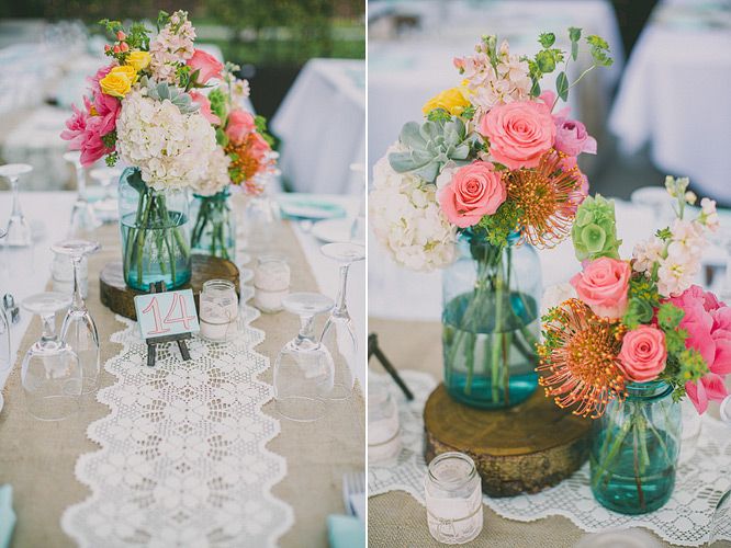 Burlap runner with lace and blue mason jars