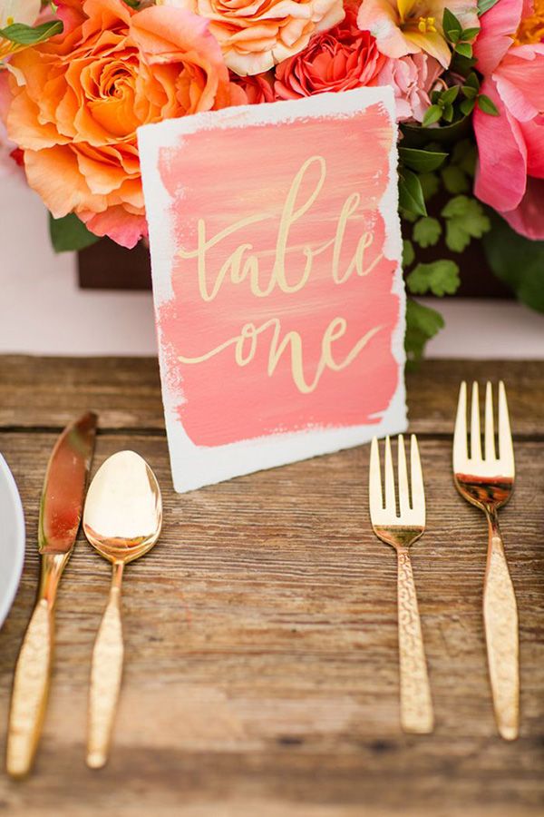 45+ Coral Wedding Color Ideas You Don't Want to Overlook 23 Calligraphy Watercolor Table Number in Coral and Gold