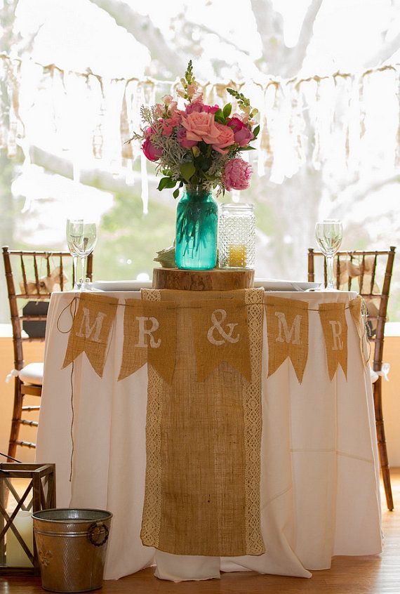 Something Blue: 45 Rustic Blue Mason Jars Wedding Ideas 16 Mr. & Mrs. Burlap Pennant Banner for Rustic Theme Wedding