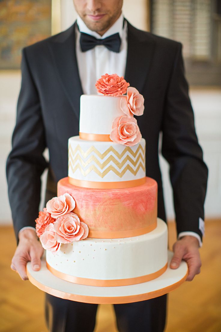 Peach and gold chevron wedding cake