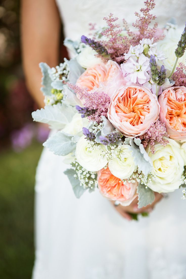 Peach garden rose and wildflowers wedding bouquet