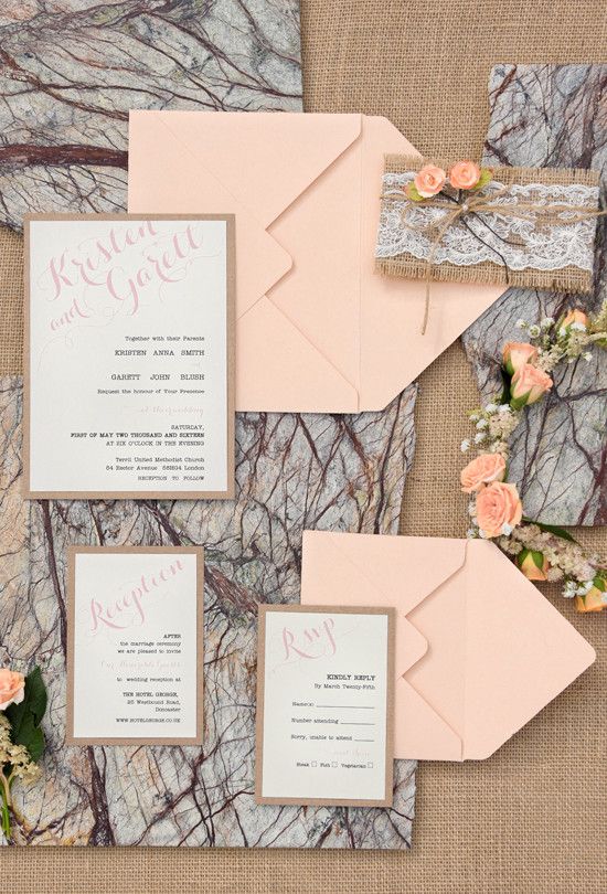 Peach rustic wedding invitations from For Love Polka Dots
