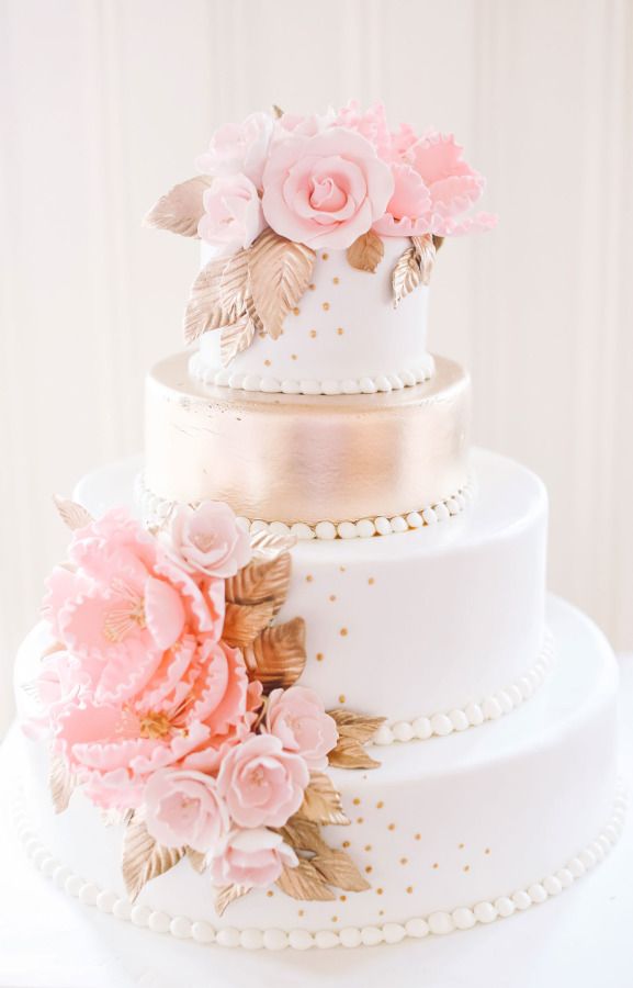 Pink, white and gold wedding cake