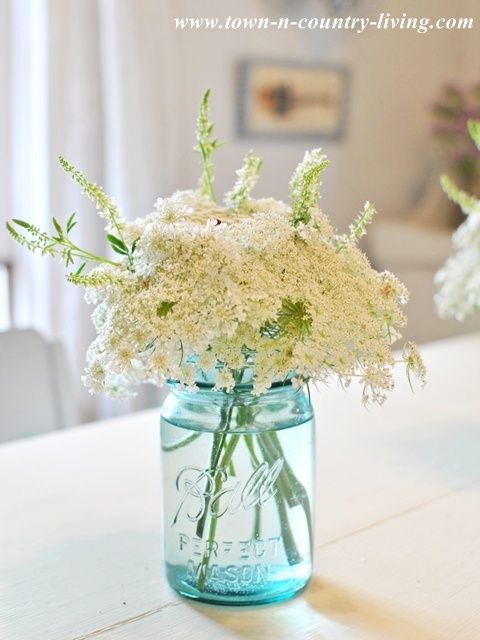 Something Blue: 45 Rustic Blue Mason Jars Wedding Ideas 15 Queen Anne's Lace in a blue Ball mason jar
