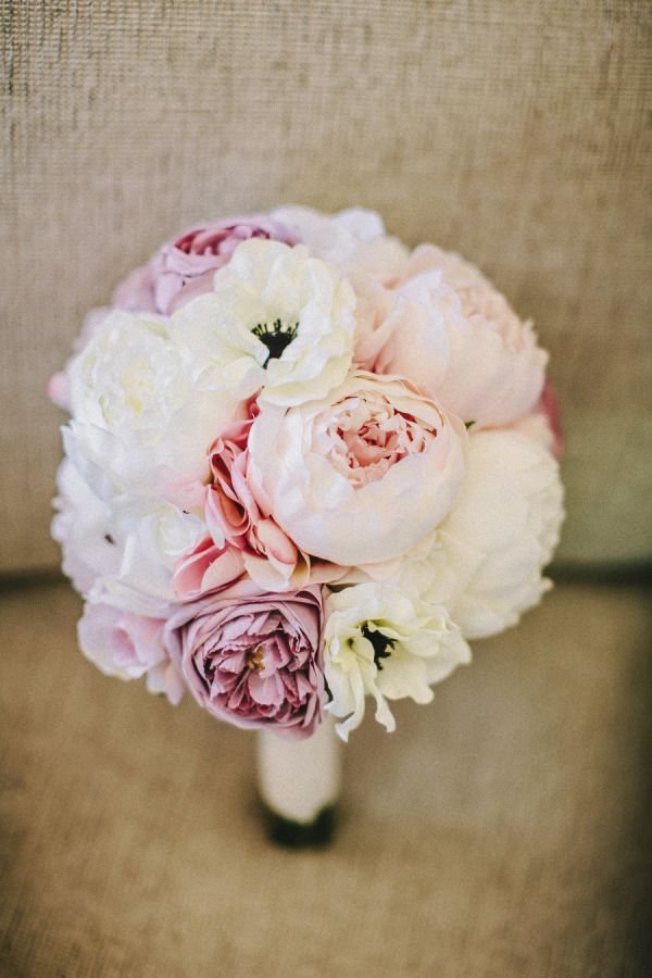 Round pastel garden rose and anemone bouquet