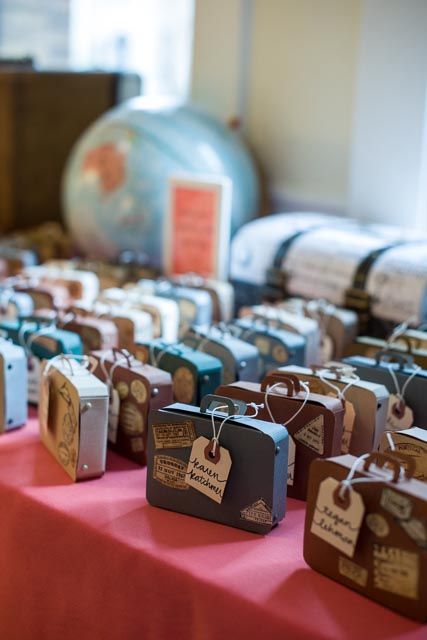 Suitcase escort cards for travel-themed wedding