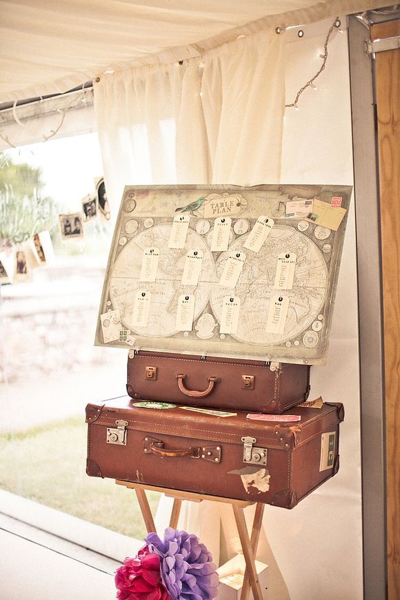 Table number display vintage map and suitcases
