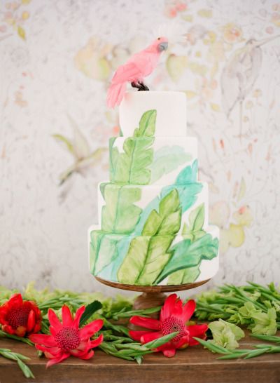 Tropical inspired lime green and baby blue wedding cake