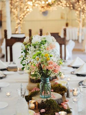 Vintage Blue Mason Jars Wedding Centerpiece