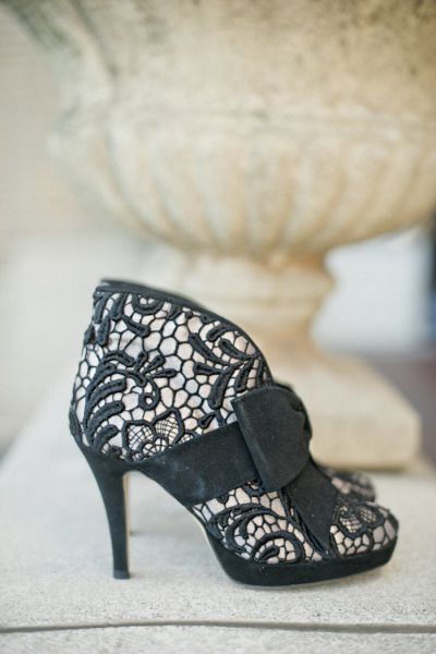 Vintage inspired black and white lace bridal shoes
