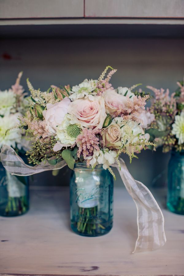 Something Blue: 45 Rustic Blue Mason Jars Wedding Ideas 26 WildFlower in Blue Mason Jars