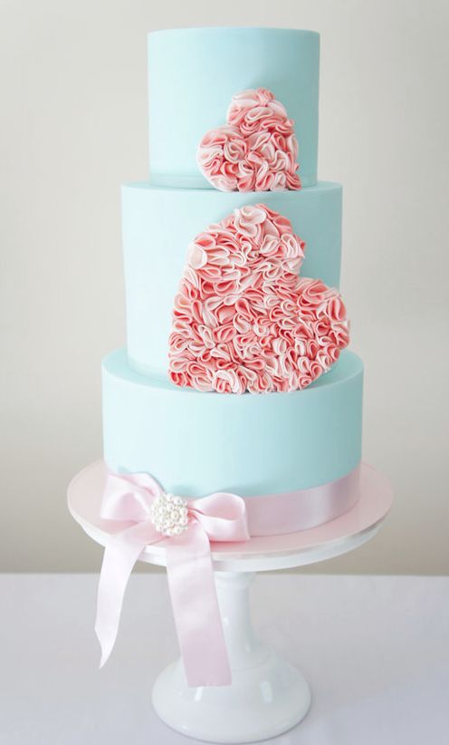 baby blue wedding cake with pink heart sugar ruffles