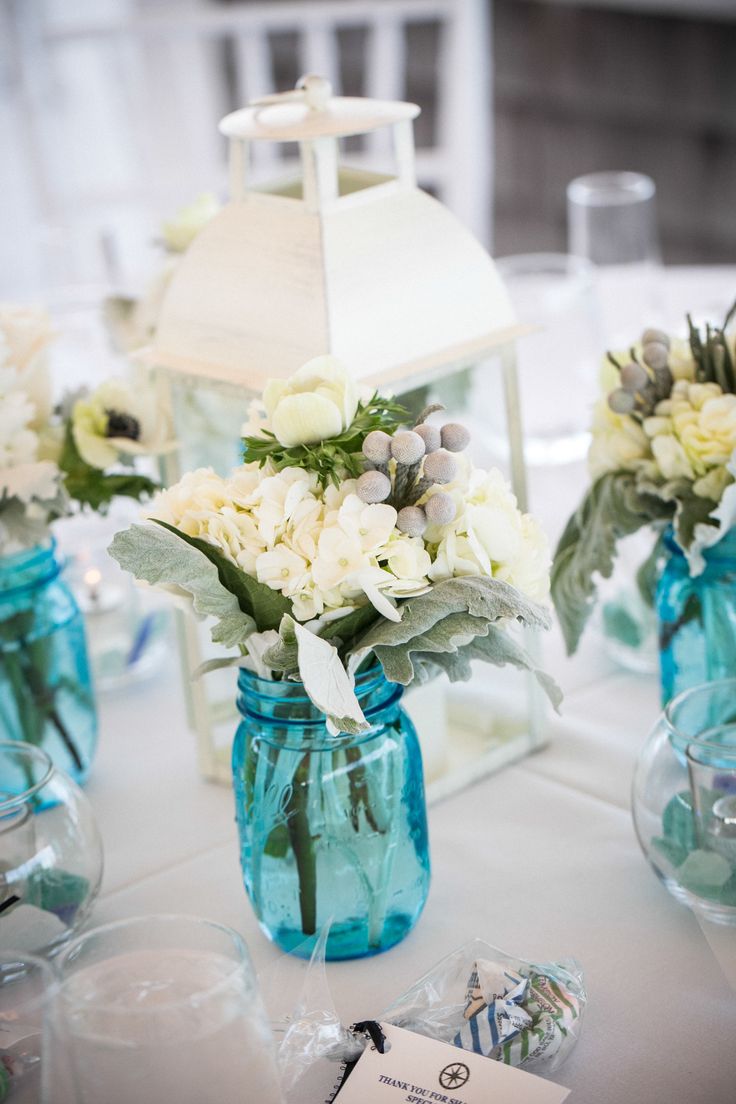 blue Mason Jars for a Cape Cod beach wedding