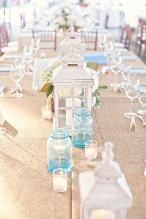 Something Blue: 45 Rustic Blue Mason Jars Wedding Ideas 24 blue mason jar beach wedding centerpieces