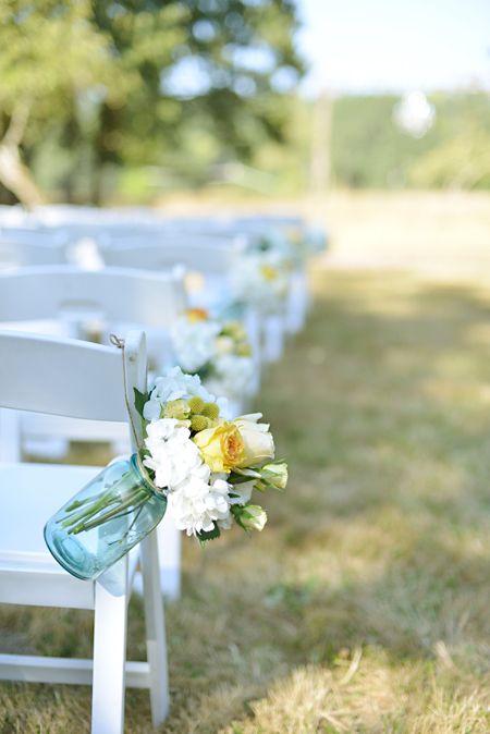 blue mason jars wedding ceremony decor