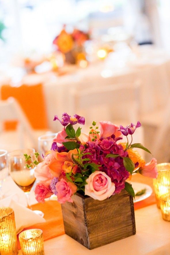 colorful centerpiece in a cool rustic wooden box
