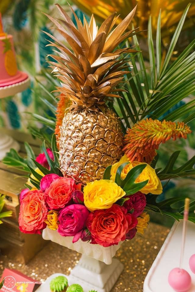 colorful roses and gold pineapples wedding decor